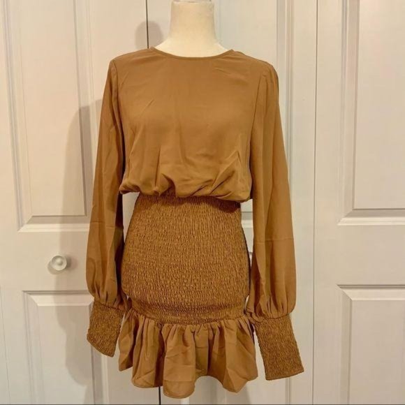winter muse Dresses & Skirts - Winter Muse Tan Jasmine Smocked Long Sleeve Dress